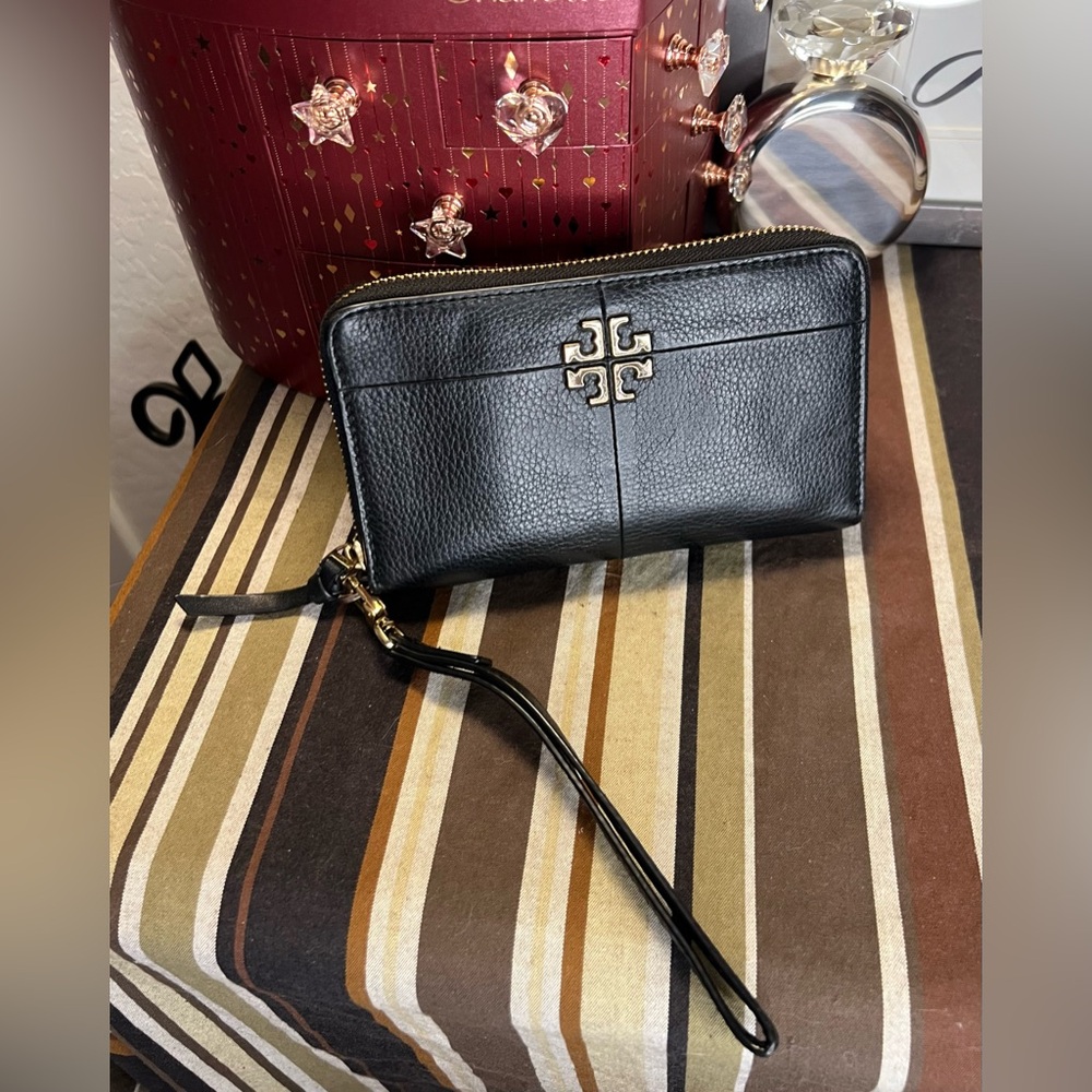 Tory Burch Black Wristlet Long Wallet with Gold Accents